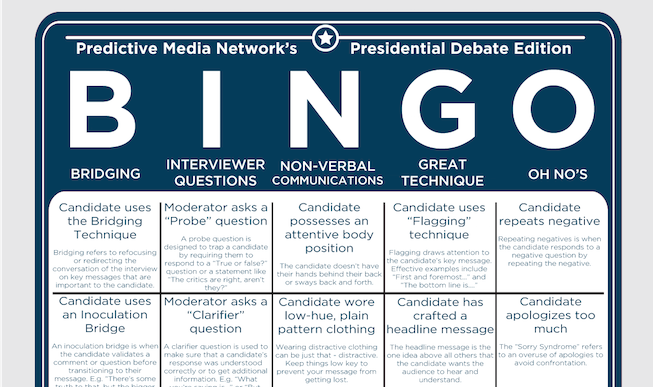 Download our Presidential Debate-inspired BINGO card
